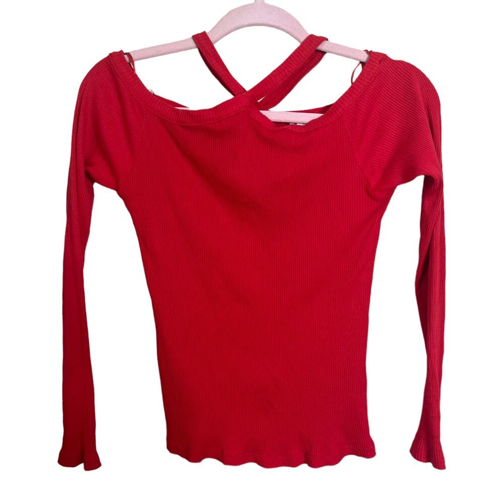 Zara Trafaluc cross neck red knit off the shoulder long sleeve small